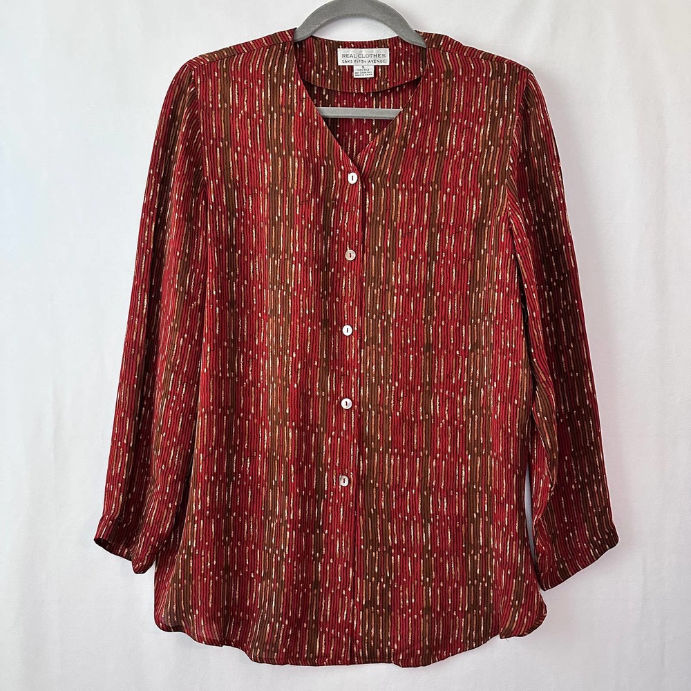 VTG Saks Fifth Avenue Blouse Top 100% Silk Long Sleeve shirt Casual Red Small